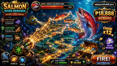 Treasure vortex and amber energy net flashing across dark water in the APKPURE fishing sequence
