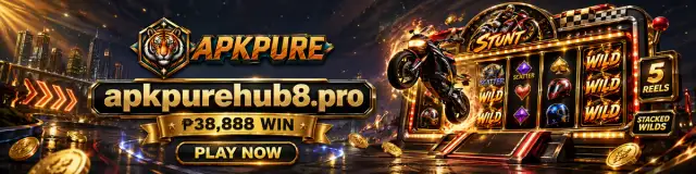Amber-lit tiger reel machinery marking the slot entrance on the APKPURE casino homepage