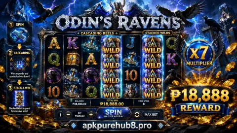 Coin ribbon fading across dark metallic reel machinery as the APKPURE slot display settles