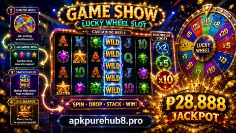 Dark APKPURE slot lobby with isolated amber highlights and a restrained final route pause