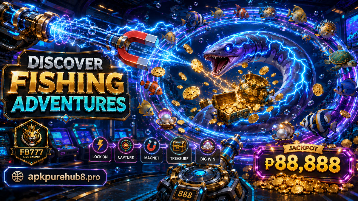 apkpure game download fishing scene with a golden target crossing cyan water beside smaller fish and an amber cannon trail