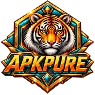 Armored APKPURE tiger crest in amber, cyan and black enamel